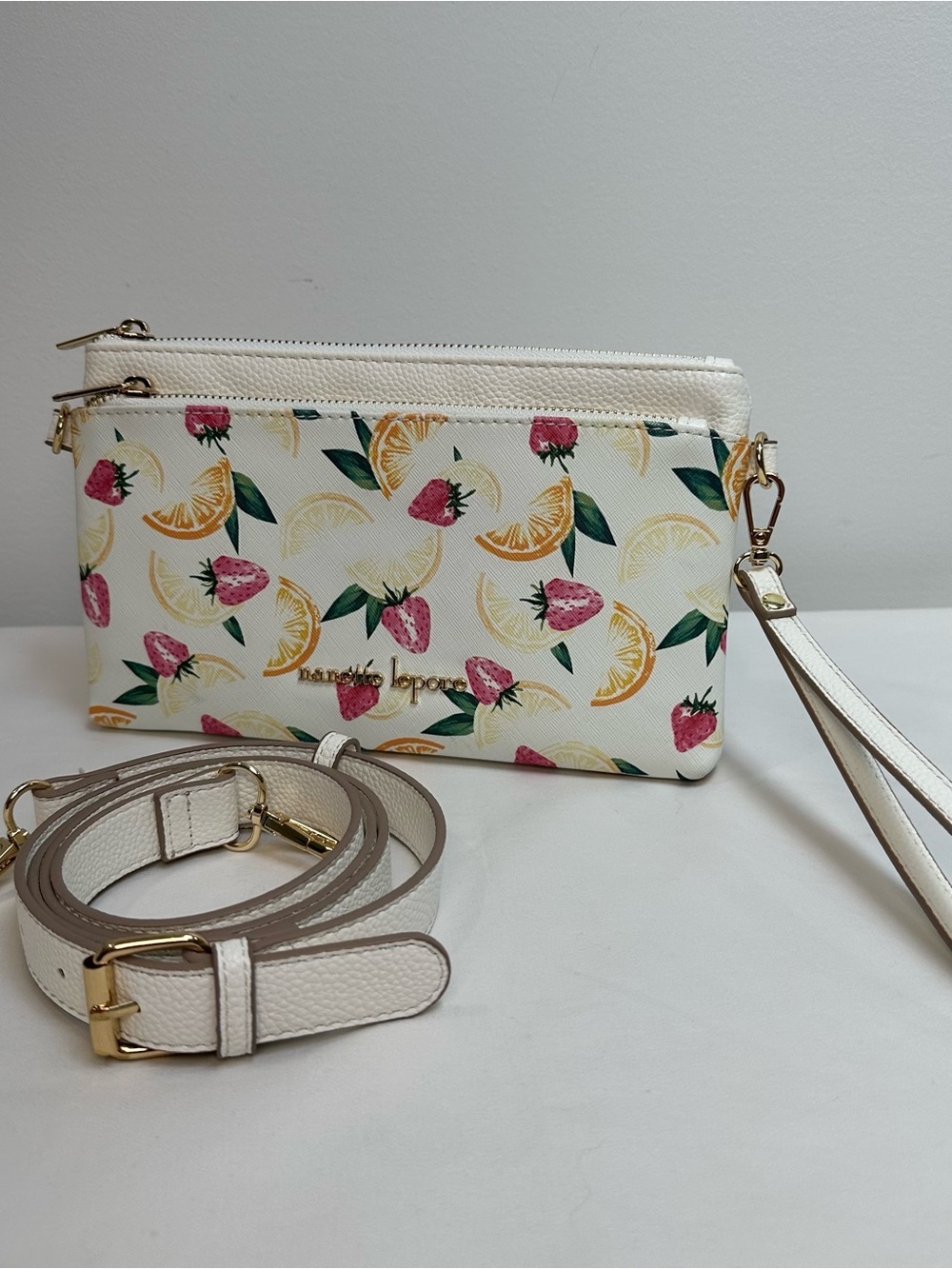 Nanette Lepore White Citrus & Strawberry Print Wristlet with Detachable Strap